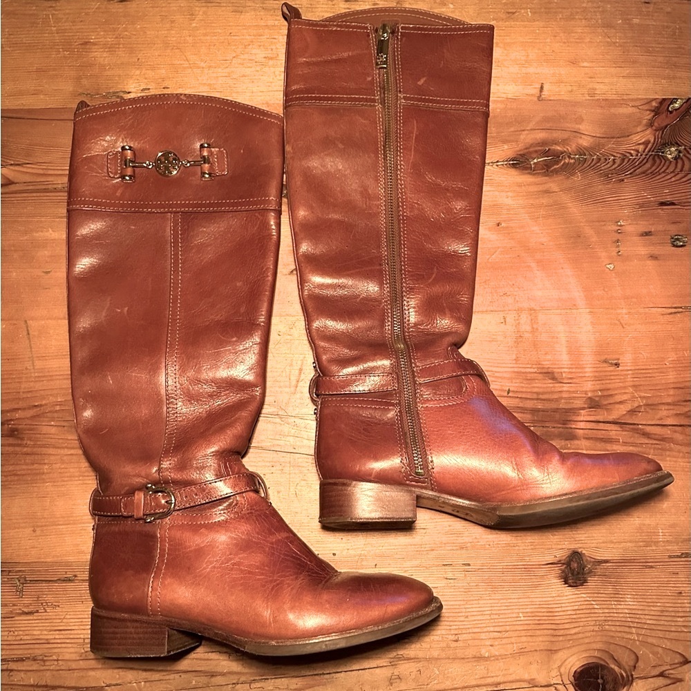 Tory Burch Nadine Brown Leather Riding Boots 7 Knee H… Gem